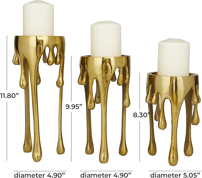 CosmoLiving by Cosmopolitan Aluminum Metal Abstract Decorative Candle Holder Melting Drip Candle Stand, Set of 3 Candlestick Holder 12", 10", 8"H, Gold