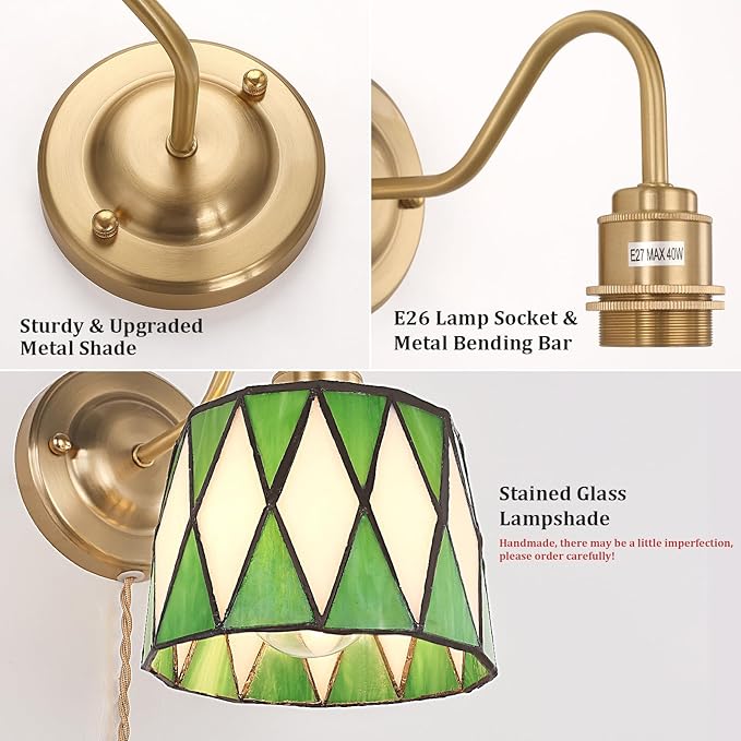 Plug in Wall Sconces Set of 2, Vintage Wall Lamps with Green Checker Sconce, Stained Glass Shade Gold Lights Fixture Decor for Bedroom Bathroom Living Room Hallway