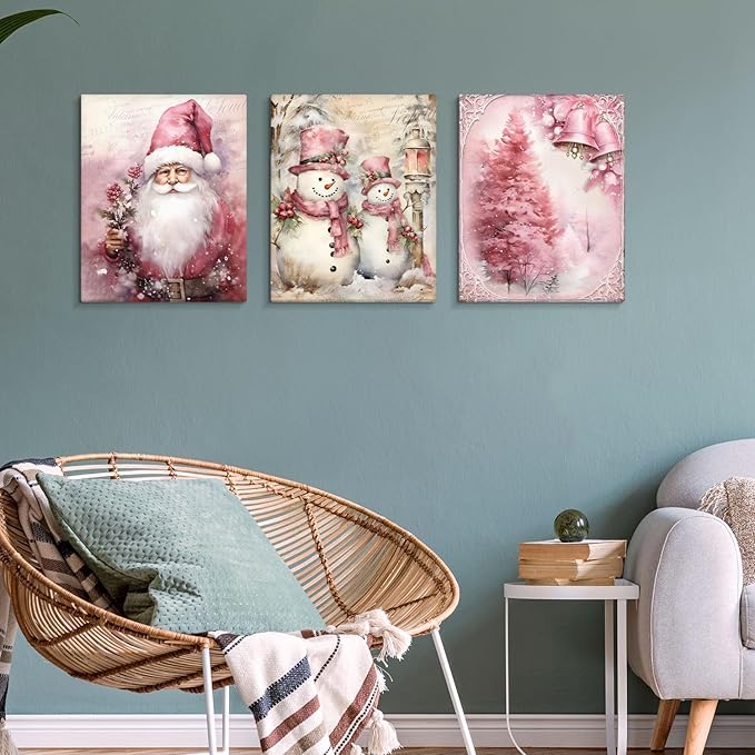 DSHFG Vintage Pink Christmas Canvas Wall Art Set of 3, Christmas Pink Housewarming Gifts for Women, Christmas Wall Decor for Home Kitchen Bedroom Living Room, 11x14 Framed