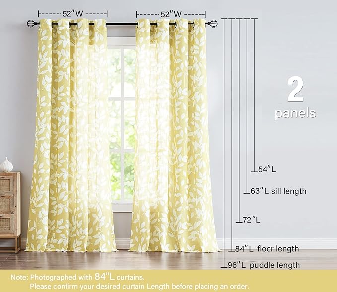 Yellow White Curtains for Living Room 63" Length Leaves Print Semi-Sheers Curtains for Kid's Room Windows, Mustard Yellow, Grommet Top, 2 Pack