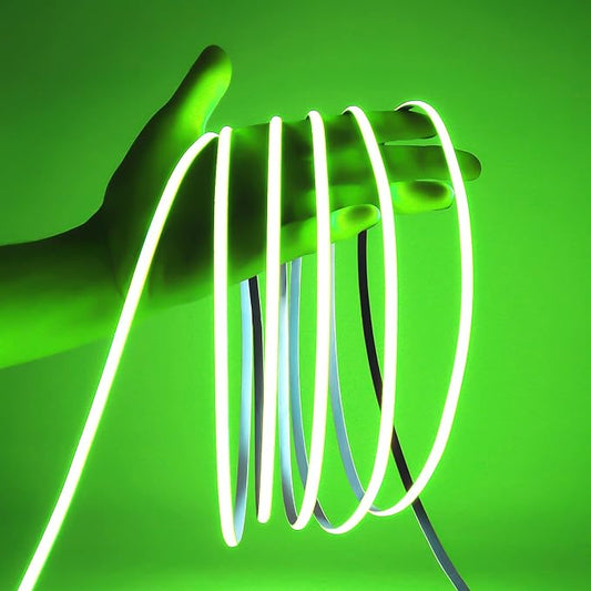 24V COB LED Strip Green Color 5mm LED Light Bar Tape, High Bright Dotless Dimmable Flexible LED Ribbon, IP30 5m 16.4FT for Party House Indoor Decor (DC24V, Without Power Supply)