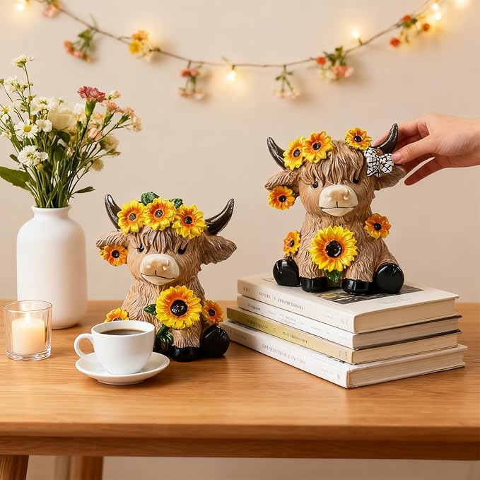 2 Pcs Highland Cow Figurines Spring Sunflower Highland Cow Gifts Summer Decorations for Kitchen Home Office Tiered Tray Table Decor