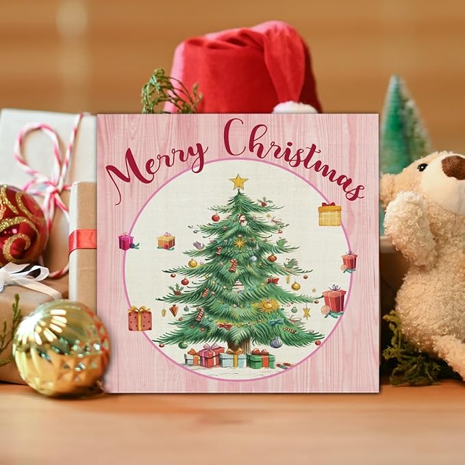 Pink Christmas Wooden Sign - Merry Christmas Home Decor, 5 x 5 Inch