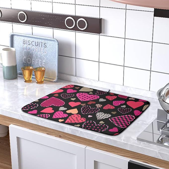 Valentine's Day Kitchen Drying Mats for Dishes 16x18 Inch Love Heart Dish Drying Mat Black Pink Polka Dots Dish Drainer Mat Super Absorbent Dish Rack Pad for Coffee Bar Sinks