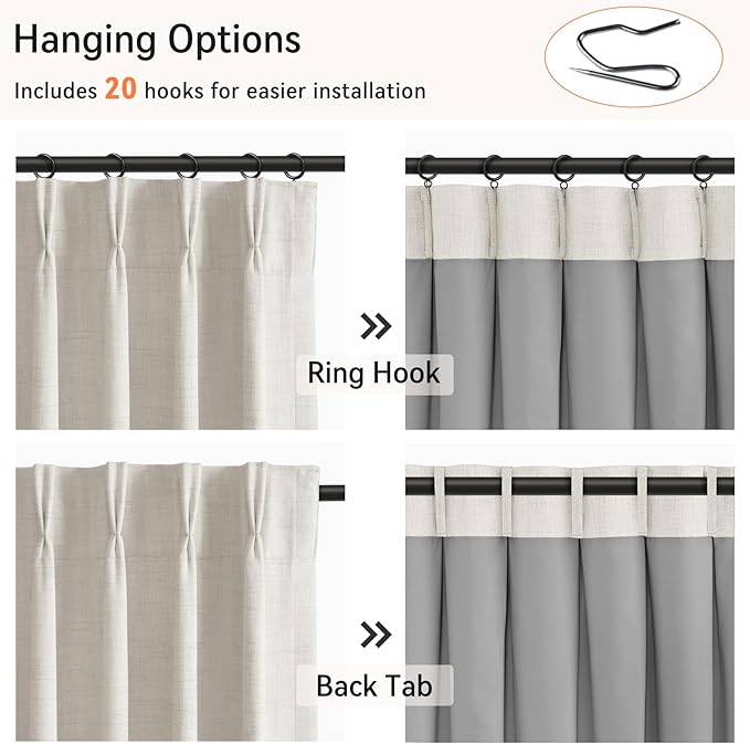 100% Blackout Shield Linen Look Textured Pinch Pleated Curtains Blackout Drapes 120 Inch Long 2 Panels Set, Faux Linen Blackout Curtains for Bedroom & Living Room, 40" W x 120" L, Beige
