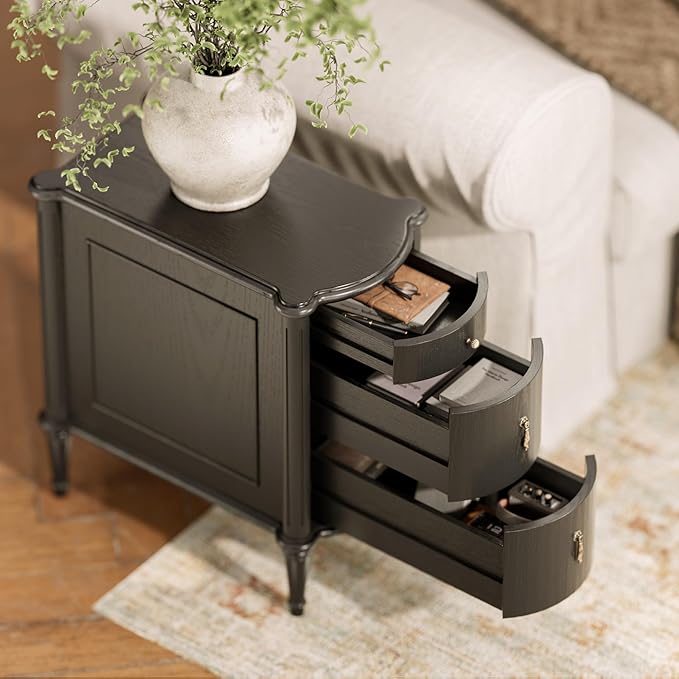 STO'SENSE Nightstand w/Charging Station & 3 Drawers, Pre-Assembled, Vintage Side Table w/Antique-Finished Pulls, Rustic Wood Finish, Narrow End Table w/Turned Legs for Bedroom (1, Black)