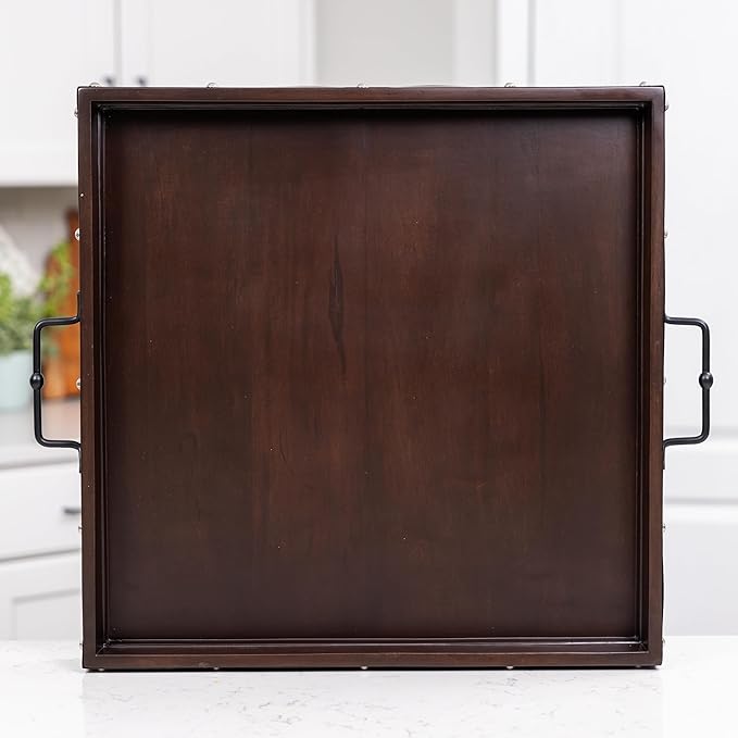 24"x24" Extra Large Square Ottoman Tray, Heavy Duty Mango Wood, for Serving Tea, Breakfast in Bed, Living Room Large Coffee Table Tray Rustic with Farmhouse Style, Decorative Handles and Accent Strap