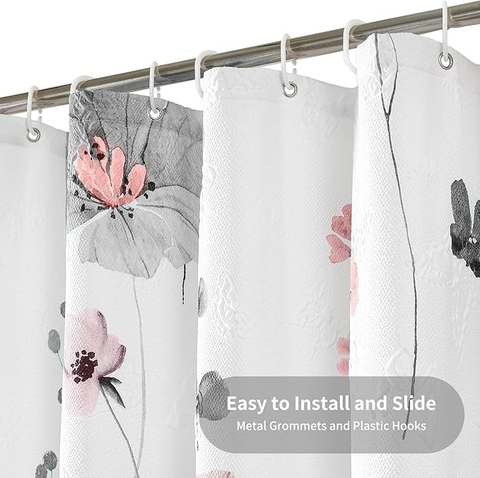 QiyI Small Stall Shower Curtain 36 x 72, Narrow Half Watercolor Floral Bath Curtain, 3D Embossed Grey Pink Flower Cloth Bathroom Curtain, Waterproof Fabric White Shower Curtain Set with Hooks