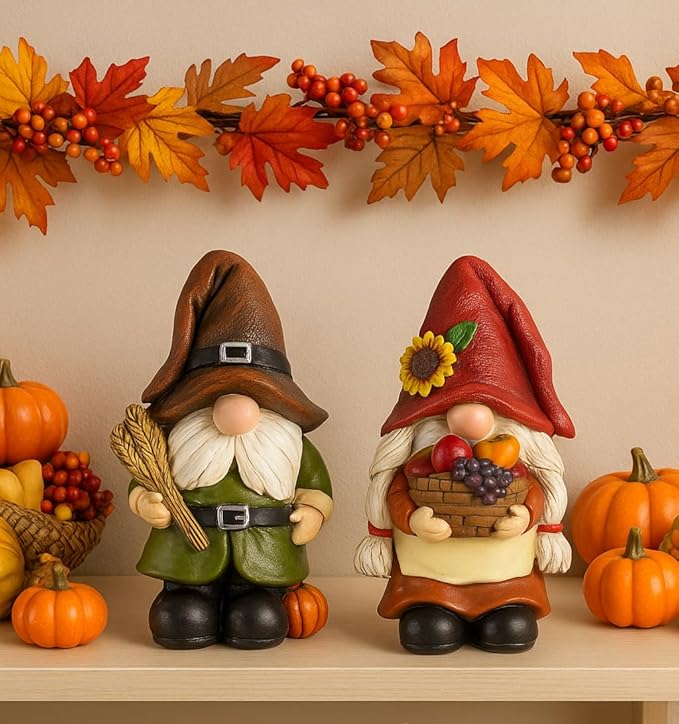 iStatue Thanksgiving Decorations Fall Gnome Figurines – 2 Pack Resin Harvest Figurines with Pumpkins, Wheat & Basket, Autumn Home Décor Accents for Table, Mantel, Shelf (Brown)
