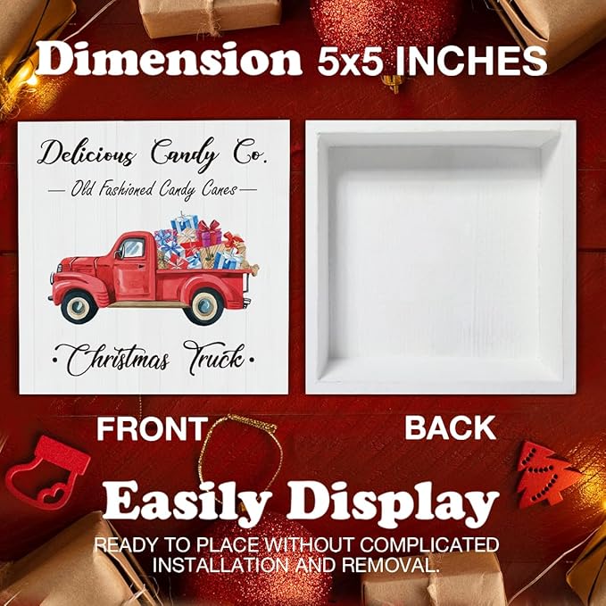 Rustic Christmas Decorations, Red Christmas Truck Wooden Sign Decor, Farmhouse Christmas Wooden Block Sign, Indoor Christmas Decor for Table Shelf 5 x 5 Inch