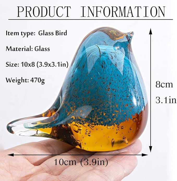 QFkris Blown Glass Bird Figurine Collectible Glass Art Craft Gift for Christmas, Birthday Home Decor Blue Yellow Paper Weight