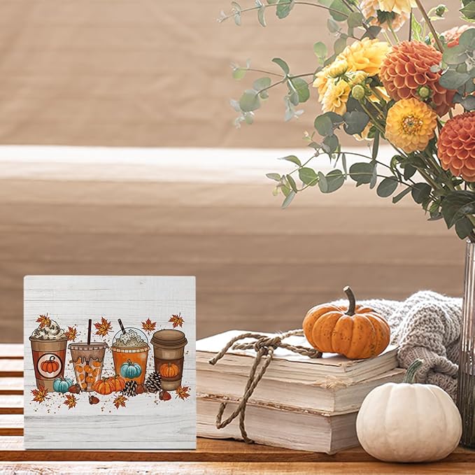 Cute Fall Coffee Thanksgiving Halloween Pumpkin Nut Office Bedroom Dining Room Decor Wooden Box Block Plaque Wood Products Sign for Desk Table Tabletop Decor 5 x 5 inches Tub1606