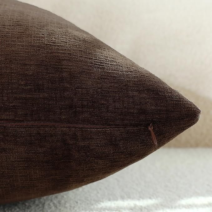 Coffee Brown Chenille Decorative Couch Throw Pillow Covers, Soft Cushion Cases for Home Livingroom Sofa Décor, Pack of 2, 14 x 14 Inches