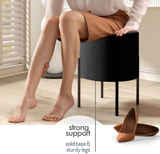 STORAGEBUD Round Ottoman with Storage, Boucle Storage Foot Stool, Makeup Vanity Stool, Small Ottoman Foot Rest, Modern Ottomans for Living Room and Bedroom, Black