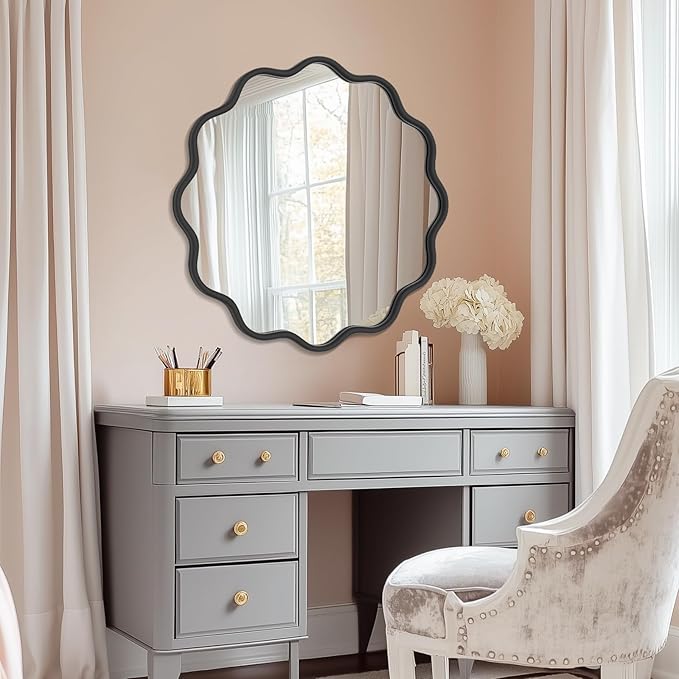 PROHOMEWARE Black Round Mirror 30 Inch Wavy Bathroom Vanity Mirror Black Frame Modern Wall Mirror Decorative Wall-Mounte Anti-Rust, Tempered Glass