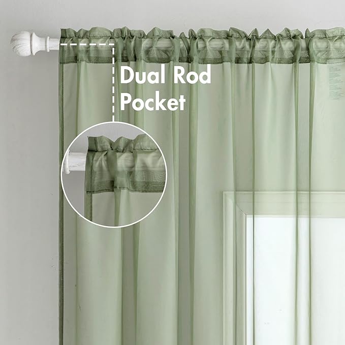 MIULEE 2 Panels Sage Green Sheer Curtains 90 inches Long Window Curtains Rod Pocket Elegant Window Voile Panels/Drapes/Treatment for Bedroom Living Room (54X90 Inches)