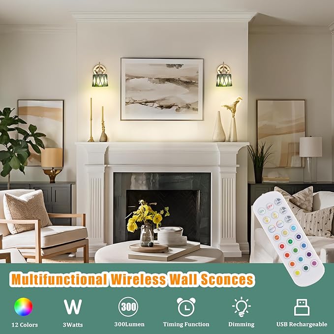 Vintage Battery Operated Wall Sconce Set of 2, 5000mAh Rechargeable Wall Lamp 12 RGB Colors Dimmable, Gold Lights Fixture for Bedroom Bathroom Living Room Hallway Clear Green Checker