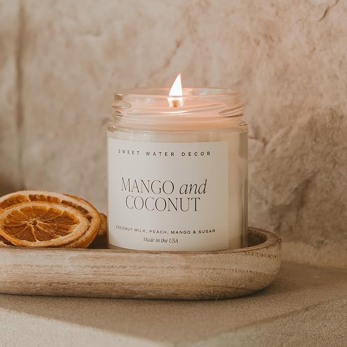 Sweet Water Decor Mango & Coconut Soy Candle - Pineapple, Mango and Orange Scented Summer Candles for Home - 9oz Clear Jar + Gold Lid, 40+ Hour Burn Time, Made in The USA