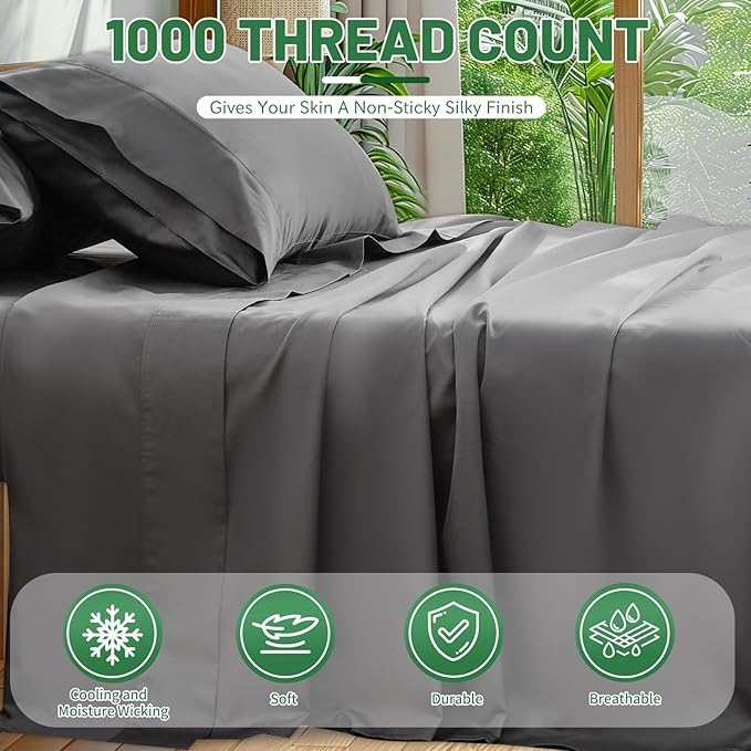 1000 Thread Count Egyptian Cotton Sheets Queen Size Set 4PCS Sateen Weave Soft Breathable 16-Inch Deep Pocket(Queen,Dark Grey)