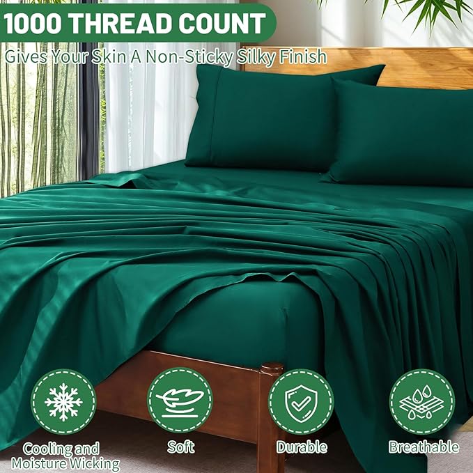Extra Deep Pocket California King Sheets 18-24 Inch 100% Egyptian Cotton 1000 Thread Count Sateen Weave Soft Breathable 4 Pieces(California King,Dark Green)