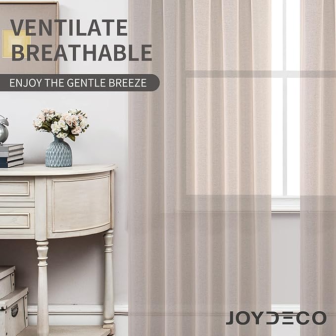 Joydeco Linen Sheer Curtains 72 Inch Length 2 Panels Set, Rod Pocket Long Sheer Curtains for Window Bedroom Living Room, Lightweight Semi Drape Panels for Yard Patio (54x72 inch, Linen)