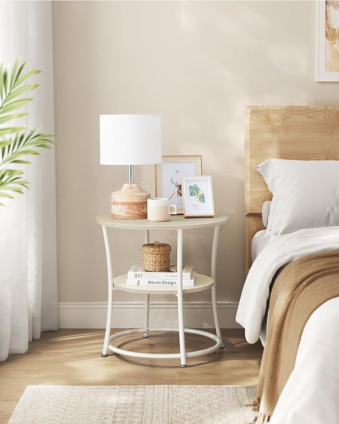 VASAGLE Side Table, 2-Tier Round End Table, Nightstand with Steel Frame for Small Spaces, Living Room, Bedroom, Natural Beige