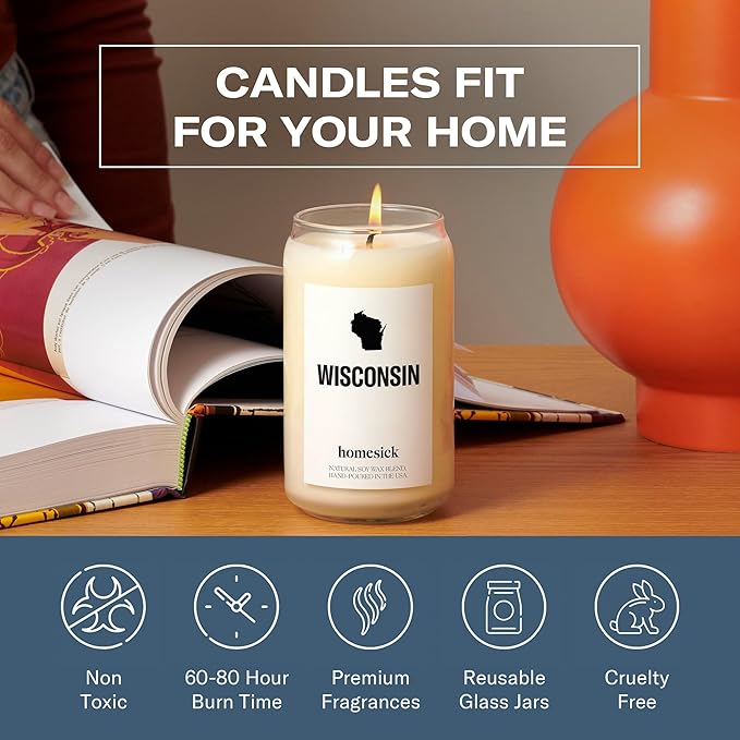 Homesick Scented Candles for Home (Wisconsin) - 13.75 oz Long-Lasting Soy Wax Jar Candle for Women & Men for All Occasions, 60-80 Hours Burn Time - Notes of Butter, Maple & Cranberry