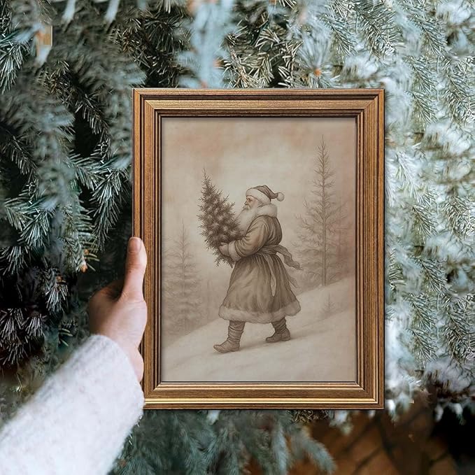 Vintage Christmas Decor Farmhouse Wall Art Gold Framed Rustic Winter Landscape Santa Pictures Painting for Home Living Room Decor (Santa, 12L" x 9.5W")