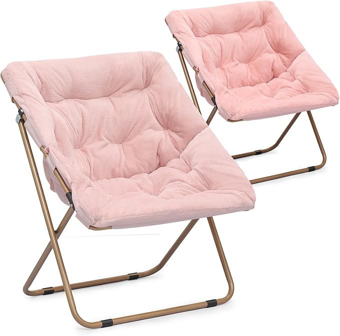Athena Collection Saucer Chair for Adult, Square Comfy Cozy Chair Folding Chair Faux Fur Metal Frame Foldable Reading Chair Accent Chair for Bed Room Living Room Set of 2, Pink