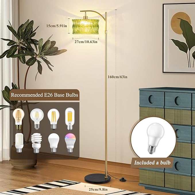 Glass Floor Lamp for Living Room, Modern Gold Standing Lamp with Remote Control & 3 Color Temperature, Green Floor Lamps with Glass Lampshade Dimmable Tall Floor Lamp for Bedroom Corner