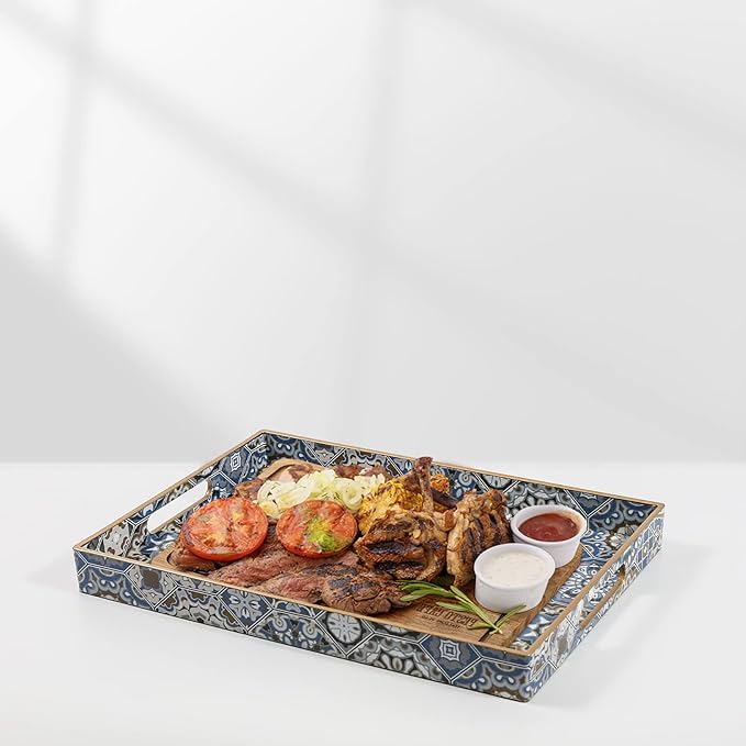 2 Pcs Serving Tray with Handles Bohemian Decorative Tray Large Ottoman Trays for Living Room Blue Coffee Table Trays for Breakfast