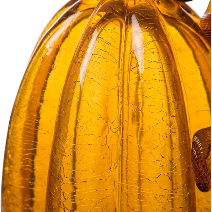 Glitzhome 9.06" Amber Hand Blown Crackle Glass Pumpkin for Fall Harvest Thanksgiving Halloween Decoration