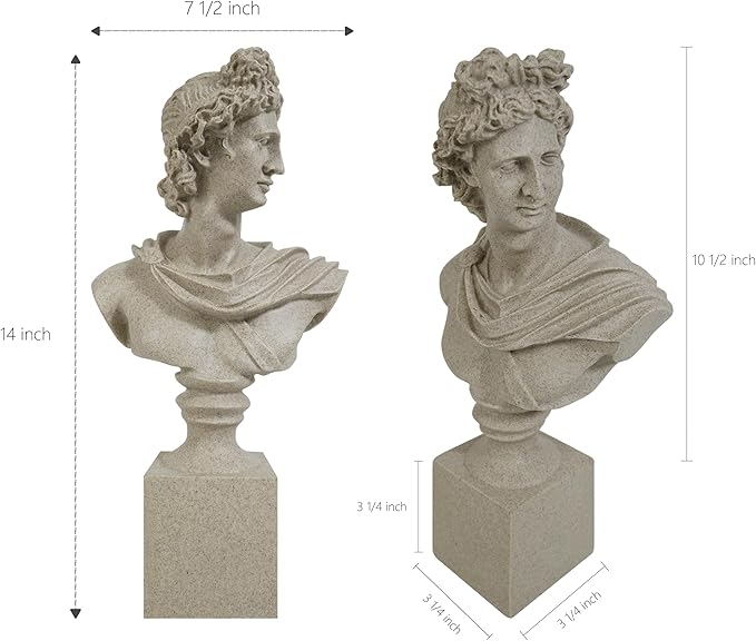Apollo of The Belvedere Bust Sculpture, Greek Pythian Apollo Statuette, Sandstone Sculpted Figure, 14 x 7.5 x 3.25 Inches