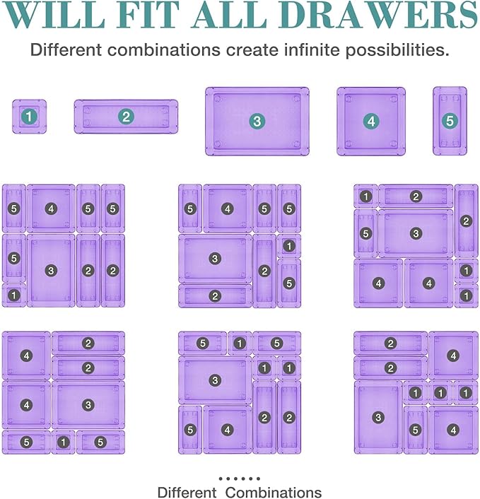 25 PCS Drawer Organizer Set, 4 Varied Size Bathroom and kitchen Drawer cabinet organizer Trays, Clear Storage Bins for Makeup, Jewelry, Utensils and Gadgets, Purple