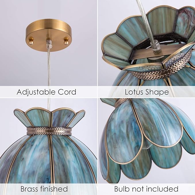 Flower Glass Pendant Light Vintage Kitchen Hanging Lamp Lotus Ceiling Lighting Fixture for Kitchen Island Dining Room Living Room Entryway Balcony etc.UL Listed Mixing Blue Green