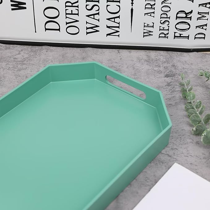 Green Octagonal Serving Tray with Handles for Coffee Table, Plastic Decorative Tray for Ottoman, Kitchen Counter, Living Room, Outdoor Lacquer Tray for Entertaining