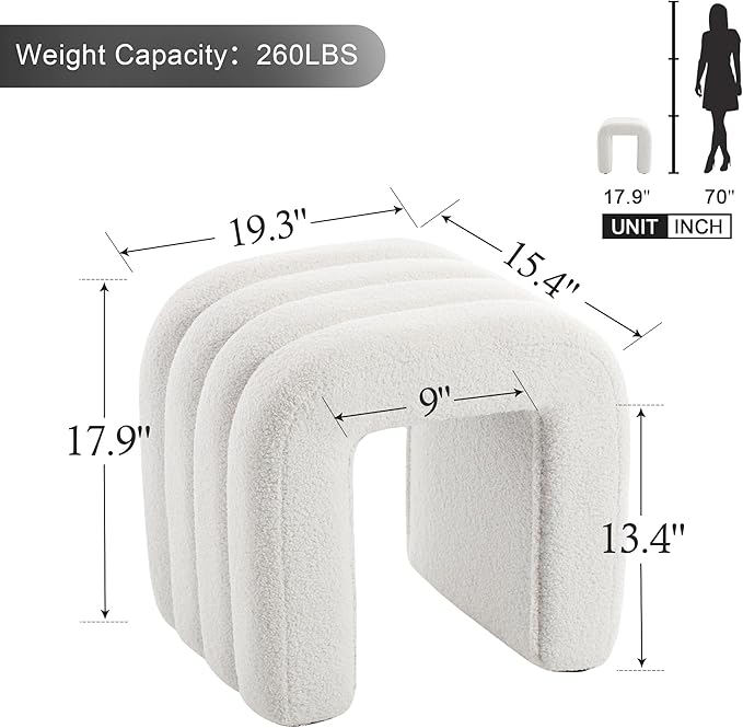 Flouki Ottoman Foot Stool with Channel Tufted, Small Ottoman Bench for Entryway, Modern Sherpa Vanity Stool Chair, Upholstered Foot Rest Extra Seat for Living Room (Off-White)