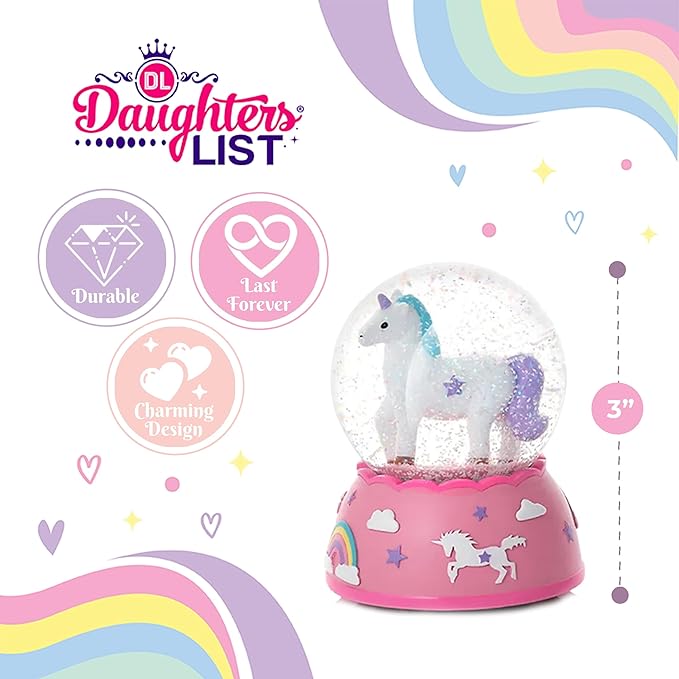 Miniature Shatterproof Unicorn Snow Globe - Handpainted Plastic Globe with Lights, Sparkling Glitter Ornament, Gift Idea for Birthday, Christmas, Very Small for Toddlers