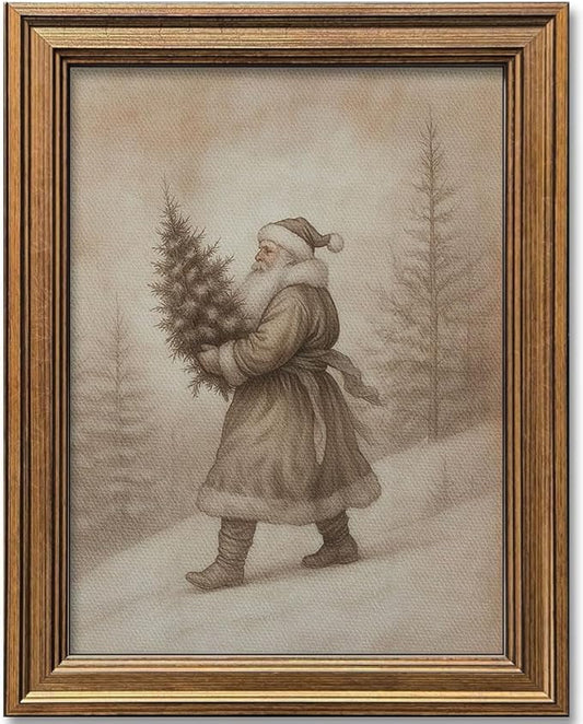 Vintage Christmas Decor Farmhouse Wall Art Gold Framed Rustic Winter Landscape Santa Pictures Painting for Home Living Room Decor (Santa, 20L" x 16W")