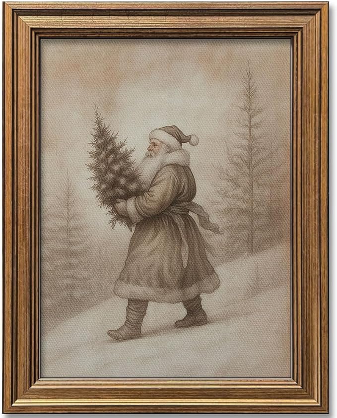 Vintage Christmas Decor Farmhouse Wall Art Gold Framed Rustic Winter Landscape Santa Pictures Painting for Home Living Room Decor (Santa, 12L" x 9.5W")