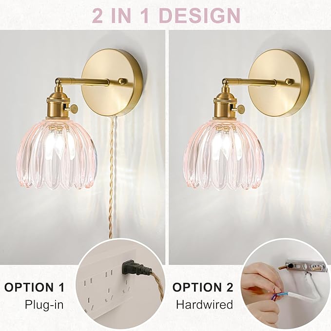 Plug in Wall Sconce, Vintage Sconce Light with Tulip Pink Glass Lampshade, 180° Adjustable Wall Sconce with Switch and Plug in Wall Lamp Cord, Gold Wall Light for Bedroom Bedside