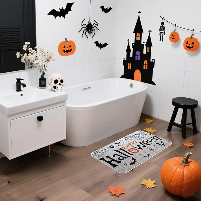 Halloween Kitchen Mats Set of 2, Halloween Decor Black Cat Pumpkin Rugs, Non-Slip Washable Kitchen Mats for Floor Kitchen Bathroom, Halloween Decorations for Home,17"x27+17"x47" 