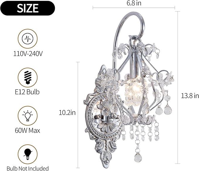 Silver Crystal Vintage Wall Sconces Set of 2 Indoor Hardwired Wall Light Fixture, Modern Wall Mount Lamp Light for Bedroom Living Room Bathroom Vanity Light Hallway Light Fixture Decor LED E12