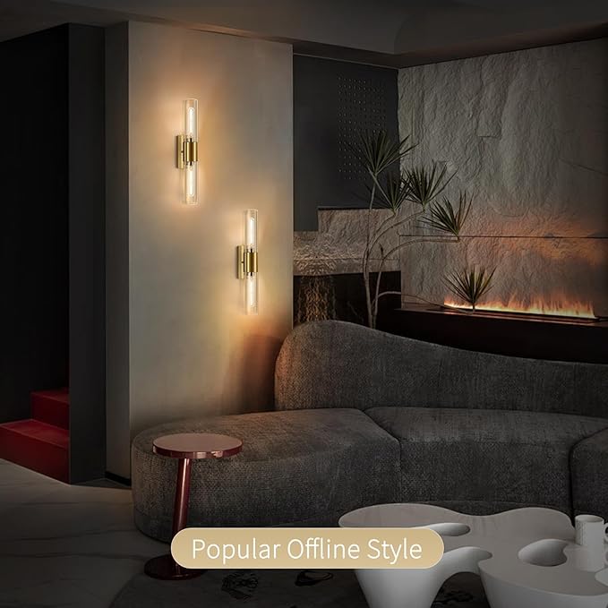 21" Gold Wall Sconces Set of Two, 2-Light Bathroom Sconces Vanity Light Tube Sconce, Clear Glass Indoor Hardwired Mounted Wall Lighting for Living Room,Bedroom,Hallway-Gold Clear (Bulb Not Included)