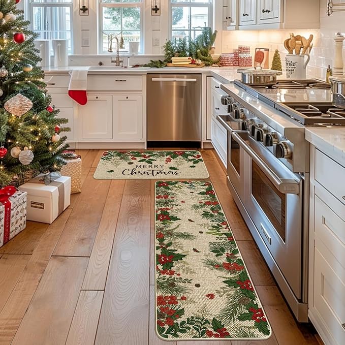 Artoid Mode Leaves Holly Merry Christmas Kitchen Mats Set of 2, Winter Home Decor Low-Profile Kitchen Rugs for Floor - 17x29 and 17x59 Inch