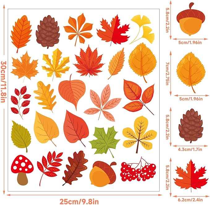 MARFOREVER 50 PCS Fall Gel Window Clings Stickers Reusable Autumn Maple Leaves Thick Gel Clings Decals for Kids Classroom Toddlers Home Thanksgiving Party Supplies Window Glass Decorations