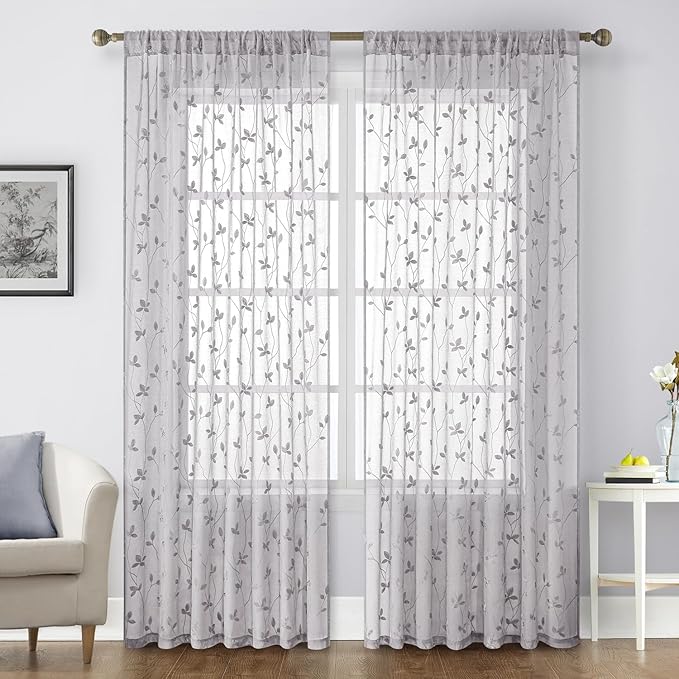 HOMEIDEAS Light Grey Sheer Curtains 52 X 84 Inches Length 2 Panels Embroidered Vine Floral Pattern Pocket Faux Linen Semi Sheer Voile Window Drapes for Bedroom Living Room