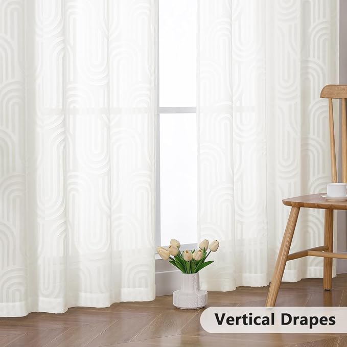 Simplebrand Sheer Ivory Curtains 72 Inches Long 2 Panels for Window, Geometric Mid Century Light Filtering Semi Sheer Curtains for Front Back Patio Glass Door with Rod Pocket, 42" Wx72 L