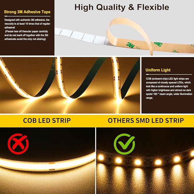 COB LED Strip Light,CCT Dimmable Strips Light,2700K-6500K,9.84ft/3m,8mm Wide,CRI90+ 24V LED Strips Kit with Bluetooth APP Control/Music Mode,for Bedroom,Kitchen,DIY Lighting