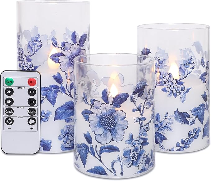 Flameless Candles Glass with Remote Control & Timer Function, Blue and White Porcelain Theme Design, Home Party Wedding Christmas Summer Decor, Set of 3